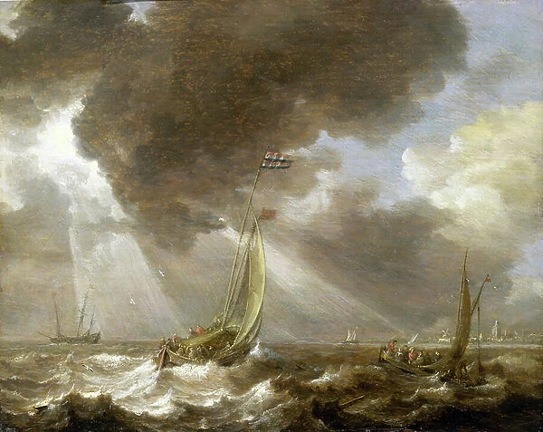 Two Dutch fishing boats in the breeze, loaded with passengers that they transport to the city visible on the horizon, the boats bear the flag of the Amsterdam Admiralty