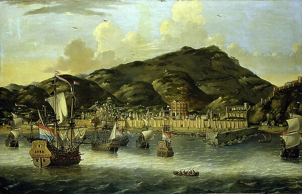 Dutch ships off the coast of Tripoli (Libya), with the fortified walls of the port and the city. Oil painting by Reinier Nooms (1623-1667)