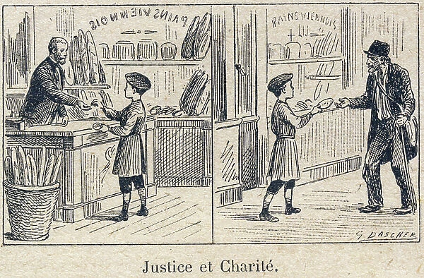 Duties to the neighbour: Justice and Charity. Engraving in '' The unique book of morality and civic instruction, intended for students of the three courses of the Primary School and those of the primary classes of the Lycees et Colleges