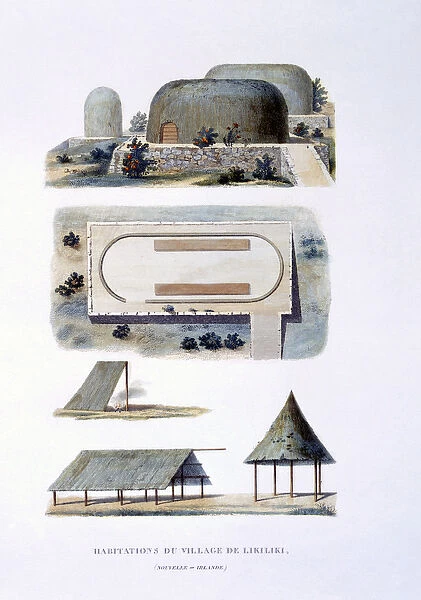Dwellings in Likiliki Village, New Ireland, 1826 (colour litho)