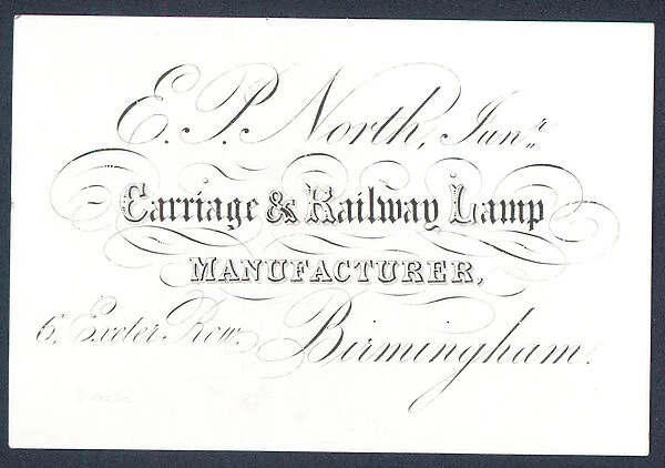 E P North, Junior, carriage and railway lamp manufacturer, trade card (engraving)