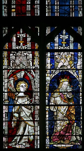 The East window (Ew) depicting an angel and the Virgin and Child (stained glass)