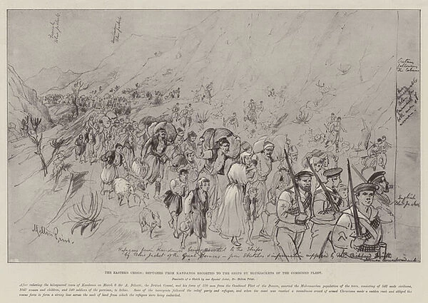 The Eastern Crisis, Refugees from Kandanos escorted to the Ships by Bluejackets of the Combined Fleet (litho)