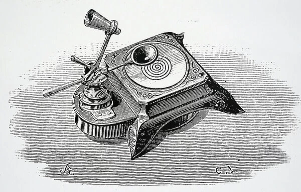 Edison's recording apparatus. 1878 (engraving)