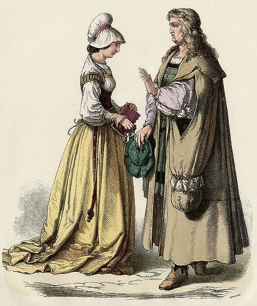 Education: a German erudit and a woman holding a book. Germany 16th century. Old engraving, colour setting