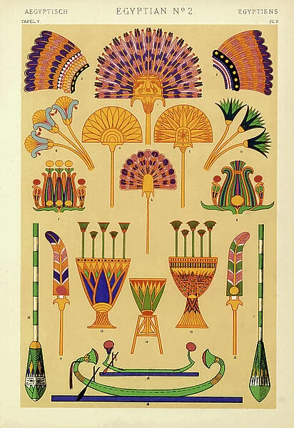Egyptian decorations featuring feather, palm leaf, and lotus designs. Fan made of feathers 1, feather horse headdress 2,3, leaf fans 4-6, royal headdress 7,8, lotus design 9,10, officer insignia 11,12, lotus vases 13-15, rudders 16,18
