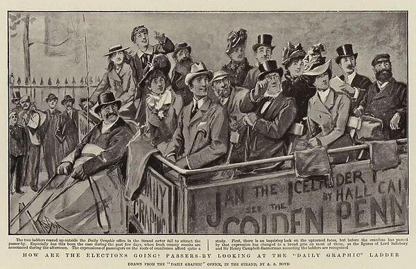 How are the Elections going? Passers-by looking at the 'Daily Graphic'Ladder (engraving)