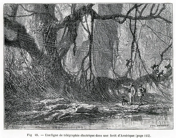 An electric telegraph line in an American forest, c. 1870 (engraving)