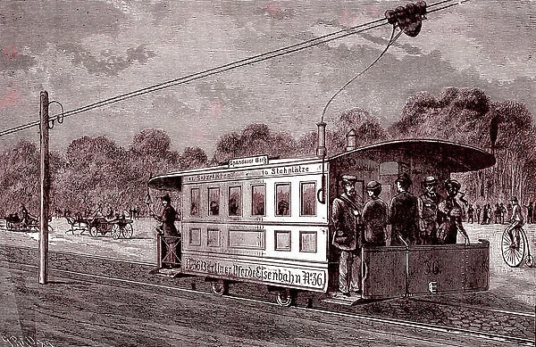 An electric tramway in Berlin in 1886 (engraving)