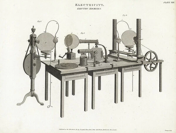 Electrical machines, 18th century. Copperplate engraving by Wilson Lowry from Abraham Rees Cyclopedia or Universal Dictionary of Arts, Sciences and Literature, Longman, Hurst, Rees, Orme and Brown, London, 1812