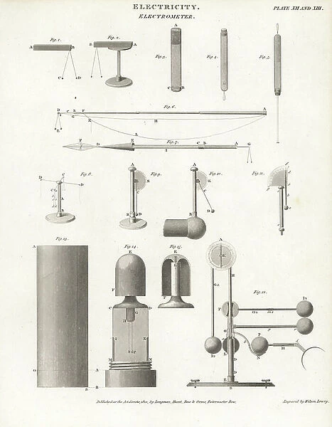 Electrometers, 18th century. Copperplate engraving by Wilson Lowry from Abraham Rees Cyclopedia or Universal Dictionary of Arts, Sciences and Literature, Longman, Hurst, Rees, Orme and Brown, London, 1810