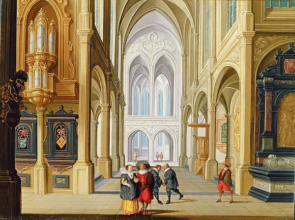 Elegant Figures in a Gothic Church (oil on panel)