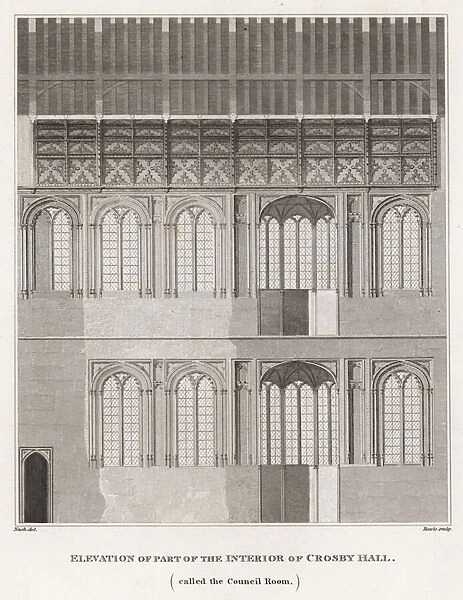 Elevation of part of the interior of Crosby Hall (engraving)