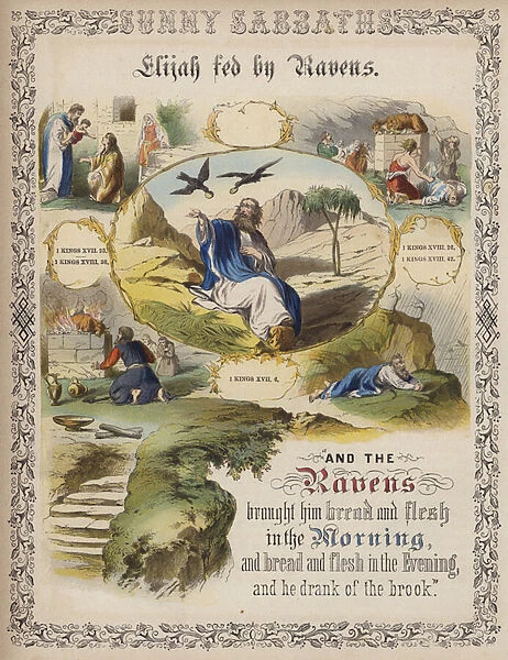 Elijah fed by ravens (coloured engraving)