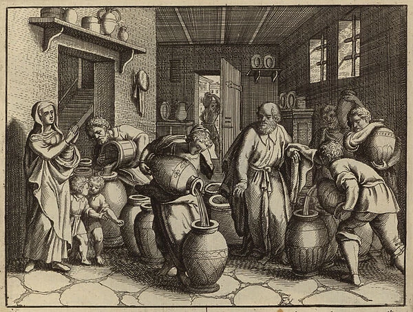 Elisha multiplying the oil to relieve the debts of the prophets widow (engraving)