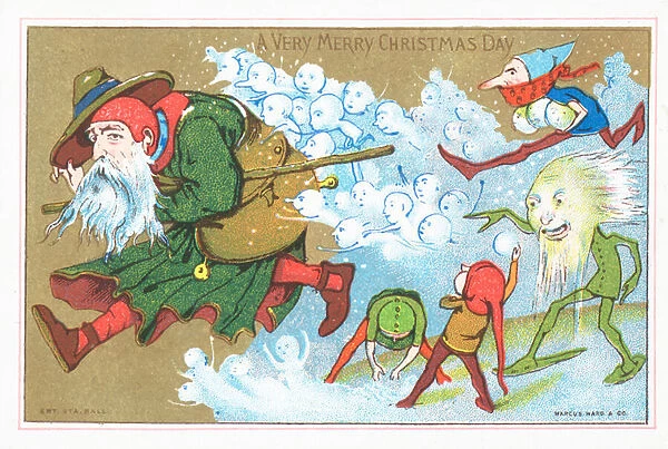 Elves chasing Father Christmas, Christmas Card (chromolitho)