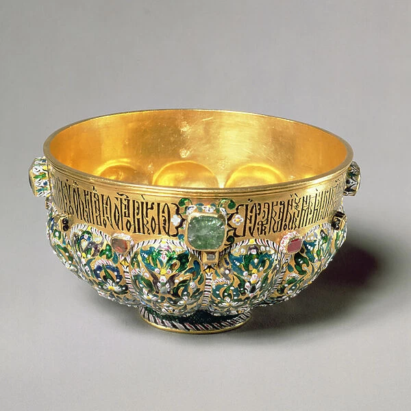 Embossed bowl set with cabouchon gems and polychrome decoration