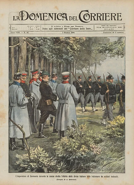 The Emperor of Germany during the hunts studies the effect of Italian uniforms made to wear... (colour litho)