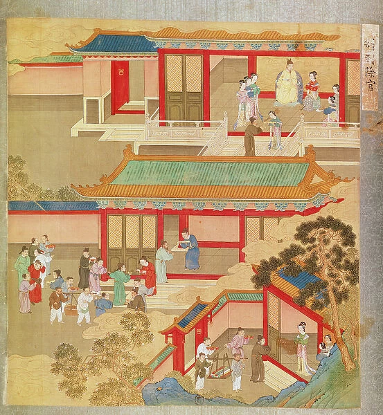 Emperor Hsuan Tsung (712-756 AD) at home, from a history of Chinese emperors (colour