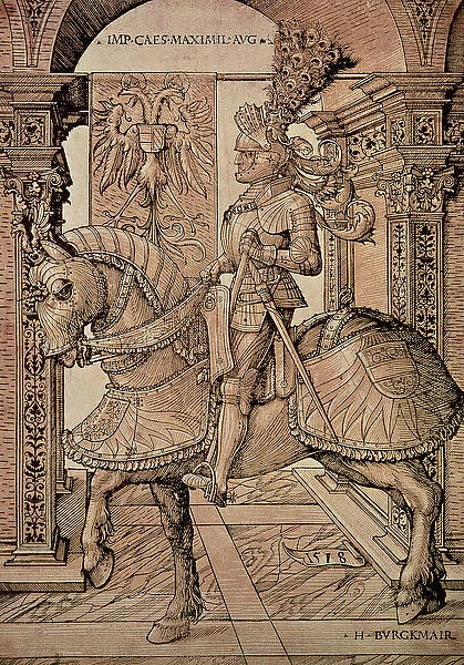 Emperor Maximilian I riding a horse, 1518 (engraving)