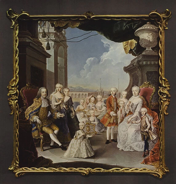 The Empress Maria Theresa and her family on the terrace of the Schonbrunn Palace (colour litho)