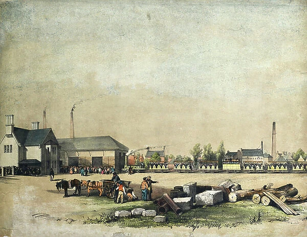 The Engine Paisley and Train arriving at the Depot of the Paisley and Renfrew Railway, 1837 (coloured litho on paper)