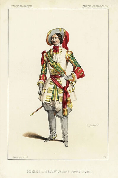 English actor Desbirons as Esparville in Le Roman Comique by Dennery, Cormon and Romain, Theatre du Vaudeville, 1846. Handcoloured lithograph after an illustration by Alexandre Lacauchie from Victor Dollet's Galerie Dramatique