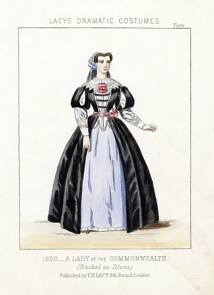 English classical actress Mademoiselle Rachel or Elisabeth Rachel Felix as Diane, a lady of the commonwealth, 1650. Handcoloured lithograph from Thomas Hailes Lacy's ' Female Costumes Historical, National and Dramatic in 200 Plates,' London, 1865