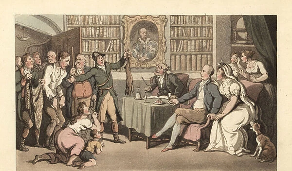 English gentleman in his study hearing a case of poaching, 1817 (engraving)