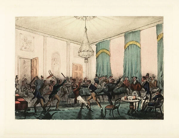 English gentlemen gamblers rioting in a gambling hell. 1900 (chromolithograph)