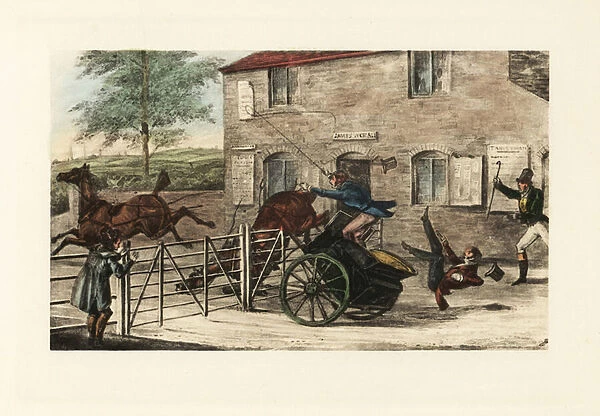 English gentlemen in a two-horse gig trying to jump a toll gate. 1900 (chromolithograph)
