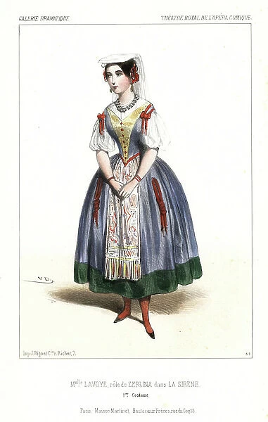 English soprano Anne-Benoit-Louise Lavoye as Zerlina in La Sirene by Daniel-Francois-Esprit Auber and Eugene Scribe, Theatre Royal de L'Opera Comique, 1844