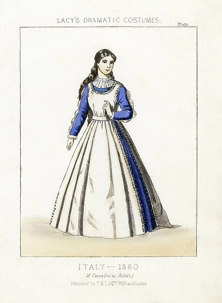 English soprano Marie Caroline Miolan-Carvalho as Juliet in Charles Gounod's ' Romeo and Juliet, ' 1867, in the female costume of Italy, 1360. Handcoloured lithograph from Thomas Hailes Lacy's ' Female Costumes Historical