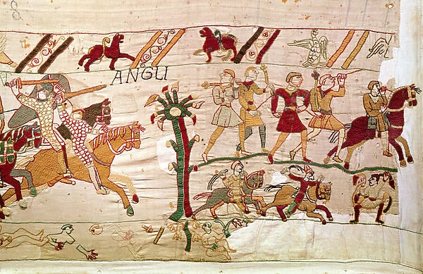 The English turn in flight after the death of King Harold, Bayeux Tapestry (wool embroidery on linen)