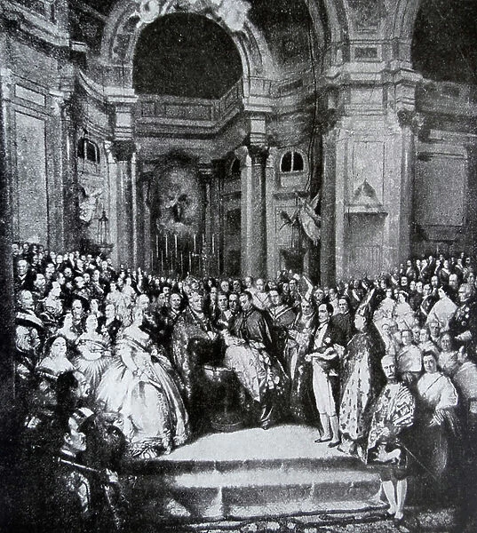 Engraving depicting the baptism of Alfonso XII of Spain
