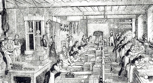An engraving depicting a bookbinding workshop, 19th century