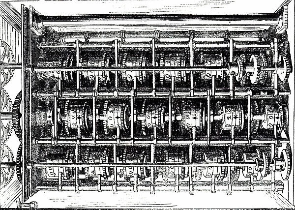 An engraving depicting Charles Babbage's difference engine. Charles Babbage (1791-1871) an English polymath, 19th century