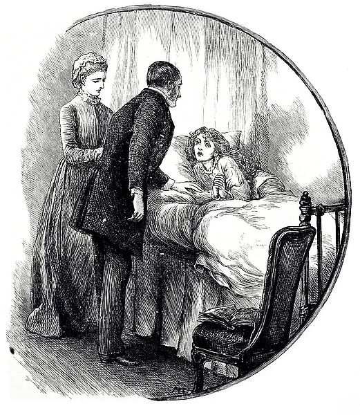 An engraving depicting a doctor visiting his young patient at home