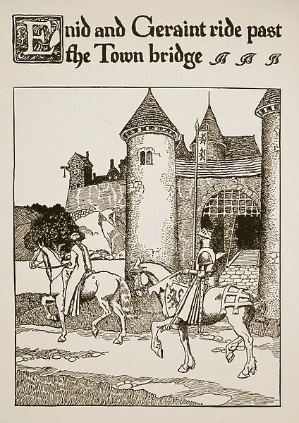 Enid and Geraint ride past the Town Bridge, illustration from