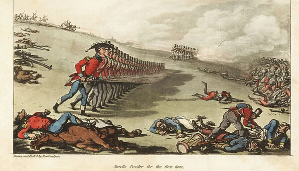 Ensign Johnny Newcome taking part in his first action, the charge against the French Army at the Battle of Salamanca, 1812. Smells Powder for the First Time. In the foreground, a British soldier loots a dead enemy