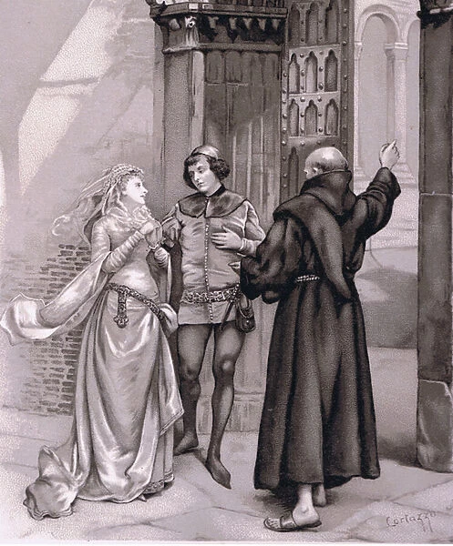 Enter Friar Laurence and Romeo, illustration from Romeo and Juliet, (litho)