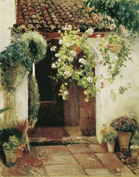 Entrance hall with Geraniums (oil on canvas)