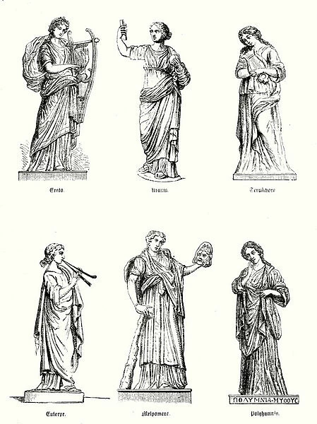 Erato, Urania, Terpsichore, Euterpe, Melpomene and Polyhymnia, Muses of Greek mythology (engraving)