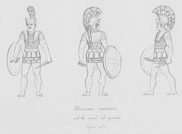 Etruscan warriors with the sword hilt guarded, Caylus, vol 5 (engraving)
