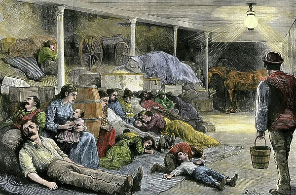 European immigrants piled in a boat from New York to Boston in 1870 (Immigrants crowded on a boat to Boston MA, from New York, 1870)