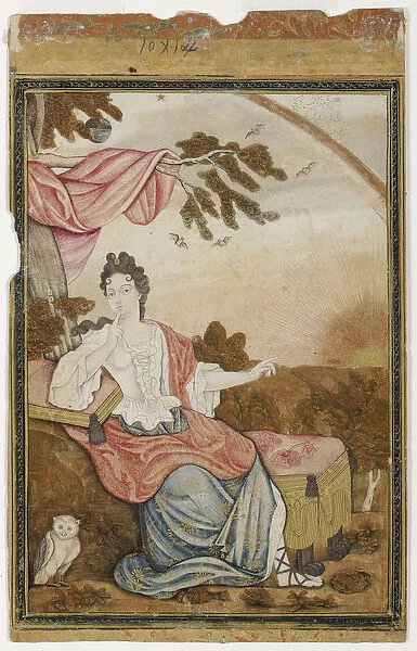 A European woman seated under a branch, with an owl, 1700-32 (opaque w  /  c & gold on paper)