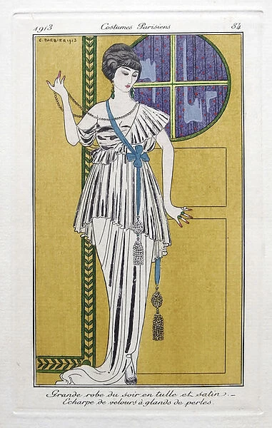 Evening Dress, Plate 84, from Costumes Parisiens, pub. 1913 (pochoir print)
