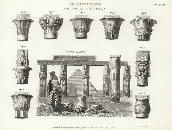 Example of Egyptian capitals and architectural fragments in front of a pyramid. Copperplate engraving by James Lewis from Abraham Rees' Cyclopedia or Universal Dictionary of Arts, Sciences and Literature, Longman, Hurst, Rees, Orme and Brown
