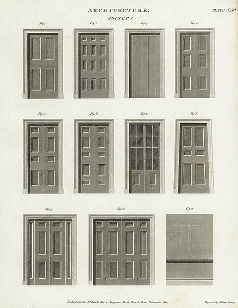 Examples of joinery, wooden doors and windows. Copperplate engraving by Wilson Lowry from Abraham Rees' Cyclopedia or Universal Dictionary of Arts, Sciences and Literature, Longman, Hurst, Rees, Orme and Brown, London, 1820