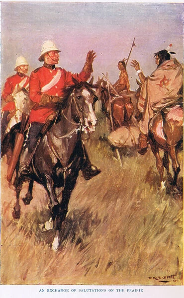 An Exchange of Salutations on the Prairie, illustration from The Romance of Canada (colour litho)